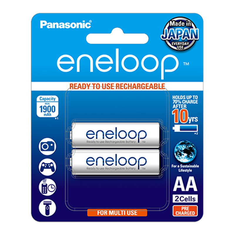 Eneloop Rechargeable Battery AA 2 Pack Recharge up to 1000 times.